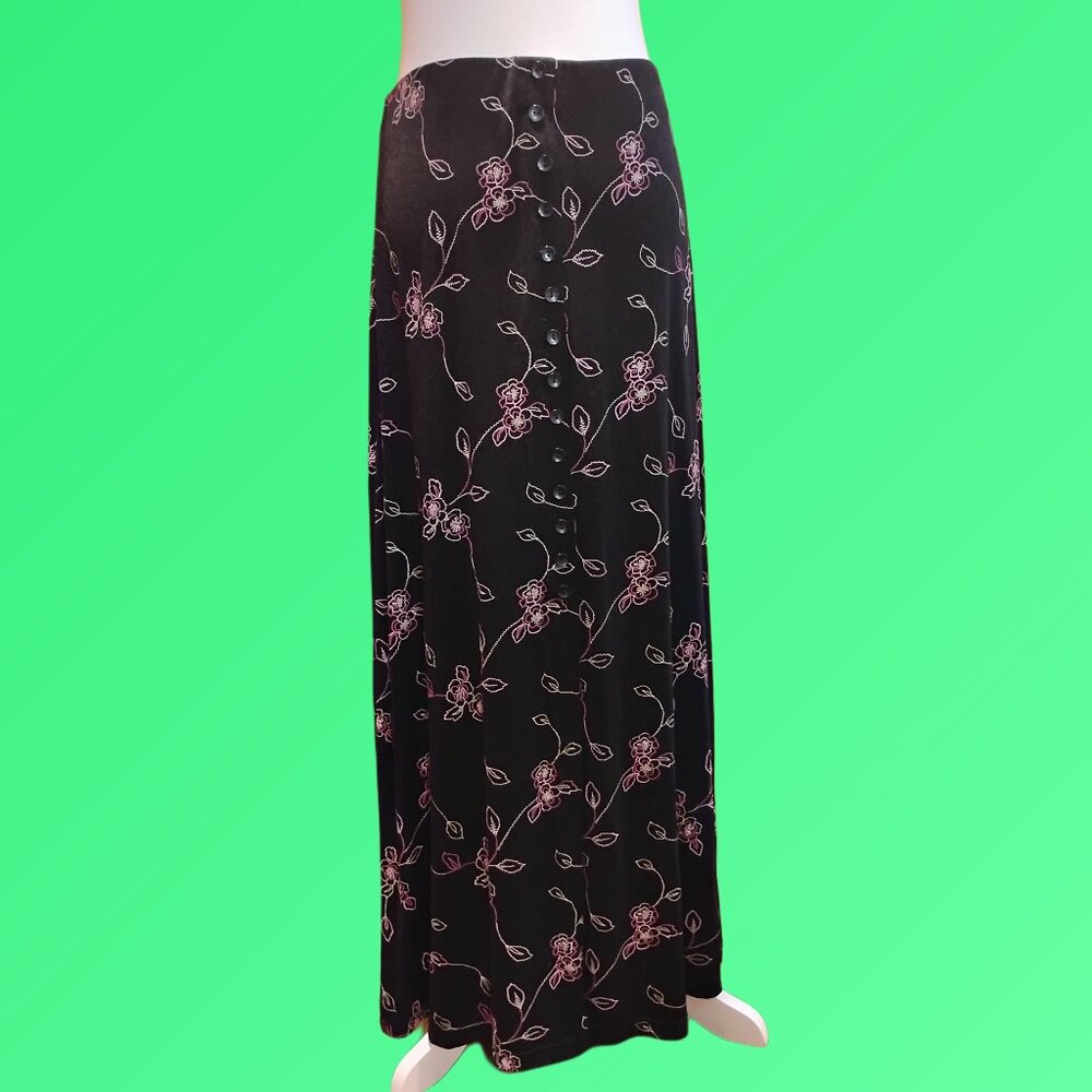 Women's Black Maxi Skirt Pink Embroidered Flowers Size L